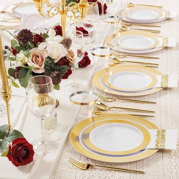 I00000 102 Pcs Gold Plastic Plates, Disposable Party Plates Include 51 Gold Dinner Plate 10.25’’ and 51 Disposable Dessert Plate 7.5’’ Perfect for Party & Wedding