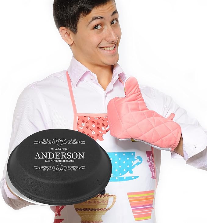 Personalized Aluminum Pie Pan with Lid Customized Cake Pan Bake Tray Engraved With Custom Name Text Monogram - Wedding, Engagement, Anniversary, Housewarming, Birthday, Bridal Shower Gift (Black)