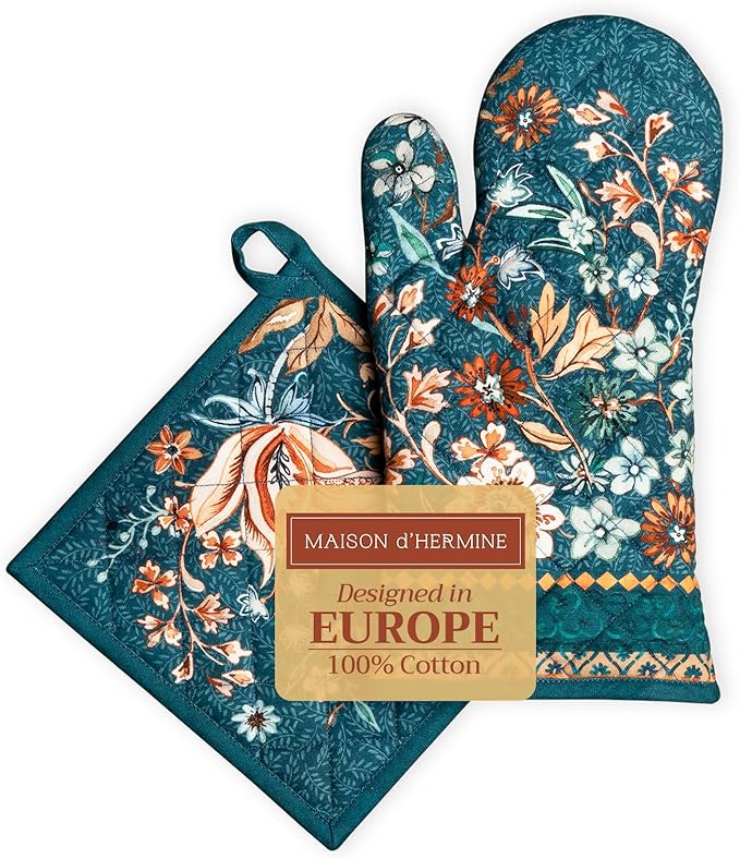 Maison d' Hermine 100% Cotton Oven Mitt & Pot Holder Set (7.5"x13" & 8"x8") Heat Resistant BBQ Cooking Gloves with Loop, Baking, Grilling, Kitchen, Handling Hot Pans (Luxury Loft-Dark Teal)