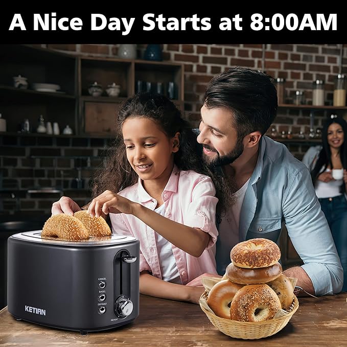 2 Slice Toaster with Cover,KETIAN Retro Stainless Steel Toasters,1.5'' Extra Wide Slot,Cancel Bagel Defrost Reheat Functions, 6 Toast Browning Settings, Removable Crumb Tray,Black