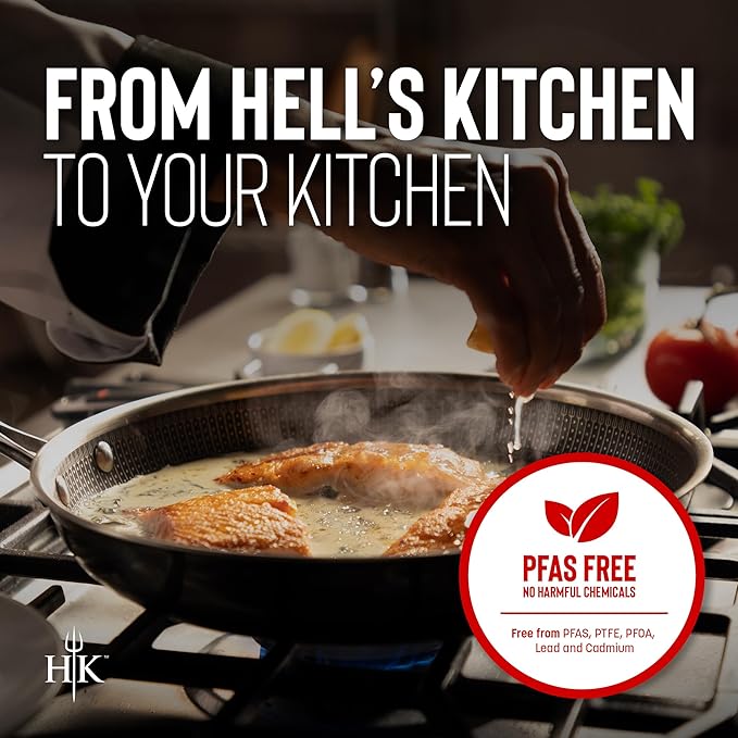 Hell's Kitchen Hybrid 11" Frying Pan, Tri-Clad Stainless Steel and Nonstick Ceramic PFAS Free, no PFOA, no PTFE, no Teflon, Non Toxic Cookware, Metal Utensil Safe, All Cooktops, Oven Safe