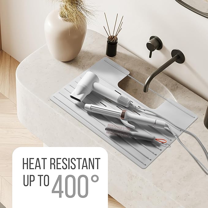 Maplefield Bathroom Sink Cover for Counter Space - Gray, 22 x 2 x 2 Inches - Heat Resistant Silicone Mat - Foldable Vanity Makeup Tray - Space-Saving Sink Cover