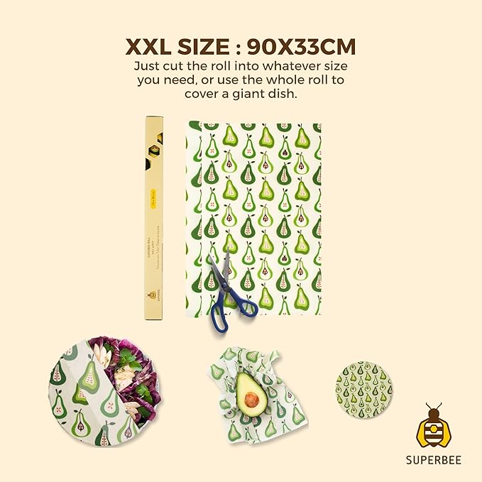 SUPERBEE Beeswax Wrap Roll XL, Reusable Beeswax Wrap for Food, Wrap Roll, Reusable Bees Wrap Paper for Wrapping Vegetables, Cheese Paper, Bowl Covers and Sandwich Wrapping Paper, Pears - 35x13"