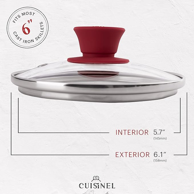 Cuisinel Glass Lid with Steam Vent Hole - 6"-Inch/15.24cm - Compatible with Lodge Cast Iron Skillet Pan - Fully Assembled Universal Replacement Cover - Tempered, Oven Safe - Reinforced Stainless Rim