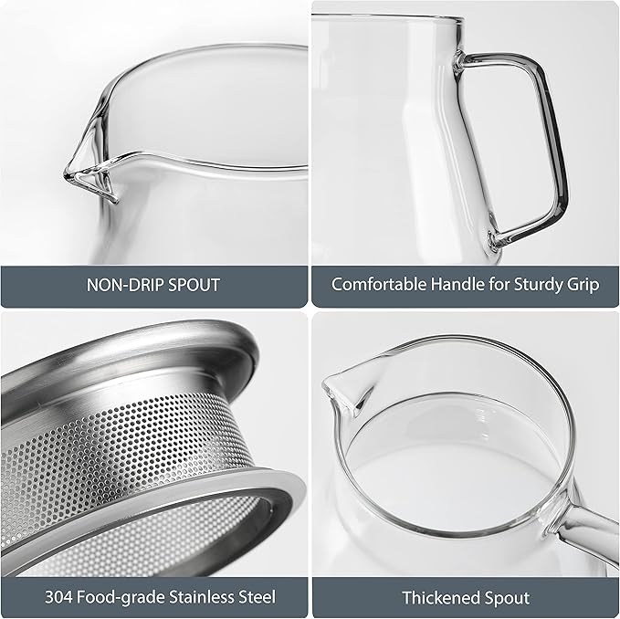 CNGLASS One-Touch Glass Teapot with Stainless Steel Filter Lid,20oz(600ml) Glear Tea Kettle Stovetop Safe,Borosilicate Glass Tea Pots for Loose Leaf Tea