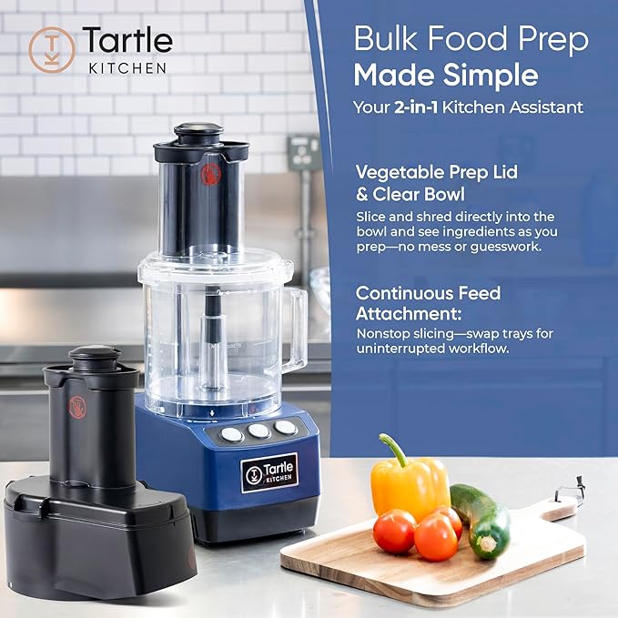 TK Tartle Commercial Food Processor - Heavy-Duty 600W Chopper, Slicer, Shredder & Blender w/Vegetable Prep Lid, Continuous Feed, 3L Mixer Bowl & Stainless Steel Blades