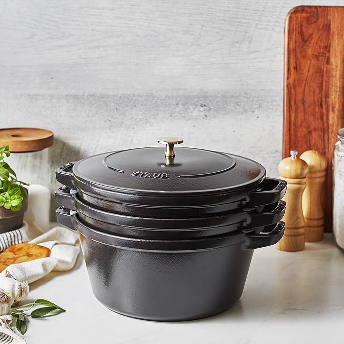 STAUB Cast Iron Set 4-pc, Stackable Space-Saving Cookware Set, Dutch Oven, Skillet, Grill Pan with Universal Lid, Made in France, Matte Black
