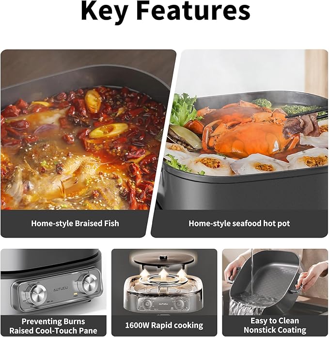 6-Quart Electric Skillet Hot Pot | Non-Stick PFOA-Free Ceramic-Coated Pot, 1600W, Timer & 3 Power Settings for Family Meals