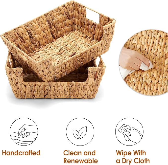 Water Hyacinth Wicker Basket 2 Pack With Handles - Pantry Storage and Organization, Handmade Large Natural Baskets for Organizing