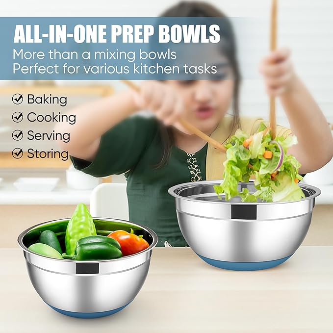 E-far Stainless Steel Mixing Bowls with Lids Set, 5-Piece Nesting Salad Bowls with 3 Grater Attachments and Non-Slip Bottoms, Size 4.6, 2.6, 2, 1.5, 1QT for Kitchen (Blue)