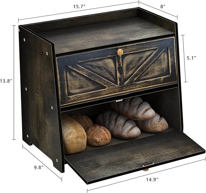 Vintage Double Layer Bread Box for Kitchen Counter Bamboo Bread Storage Container Large Capacity Bread Storage Bin (Antique Black)
