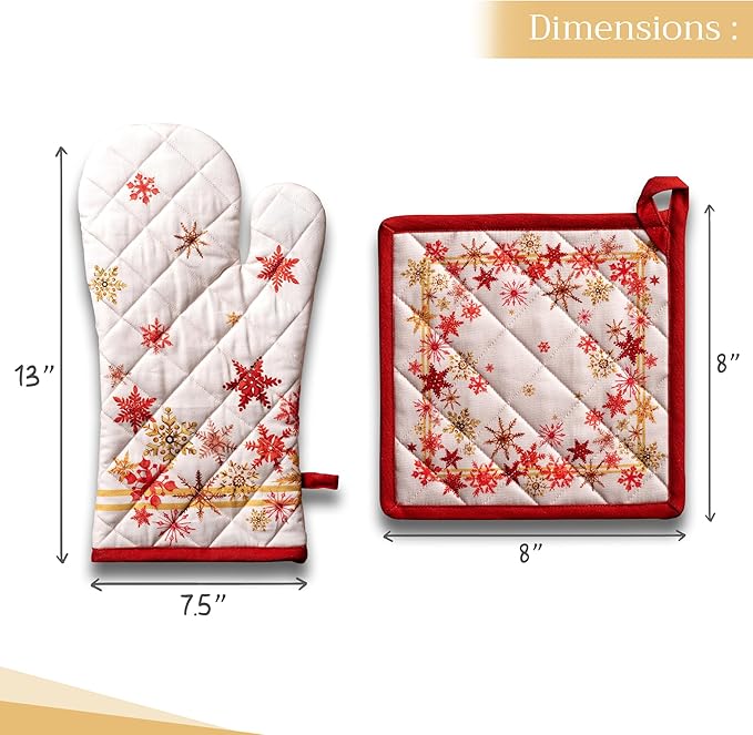 Maison d' Hermine 100% Cotton Oven Mitt & Pot Holder Set (7.5"x13" & 8"x8") Heat Resistant BBQ Cooking Gloves with Loop, Baking, Grilling, Kitchen, Handling Hot Pans (Crystal Star)