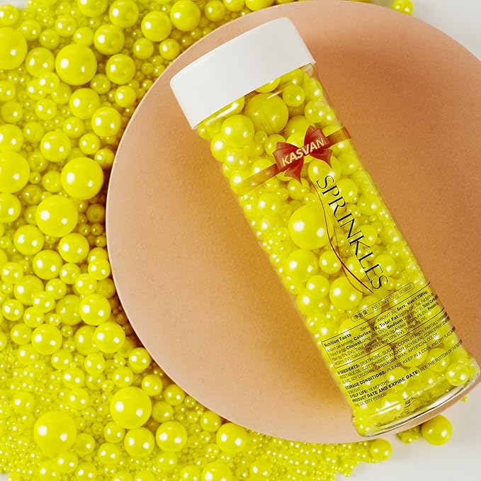 Kasvan Yellow Pearl Sugar Sprinkles - Edible Candy Pearls 130g/4.58 Oz, Mix Size, Baking Cake Decorations, Ice Cream Toppings and Cookie Decorating, Wedding Party Chirstmas Supplies