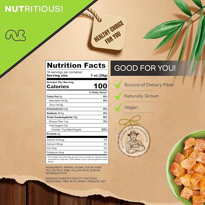 NUT CRAVINGS - Sun Dried Papaya Chunks, Lightly Sweetened (16oz, 1 LB) Bulk Dry Fruits Packed Fresh in Resealable Bag - Sweet Healthy Snack, Naturally Grown, Vegan, Kosher