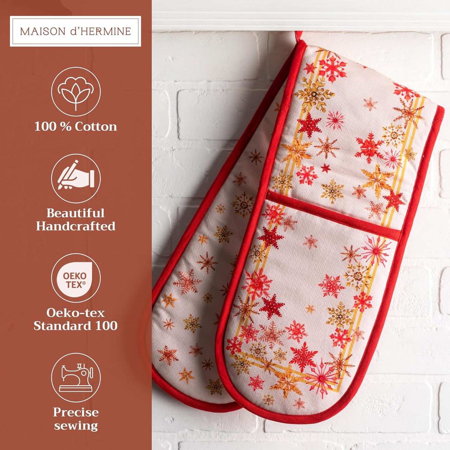 Maison d' Hermine Double Oven Mitts 100% Cotton 7"x35" Double Oven Mitt Heat Resistant BBQ Cooking Gloves with Loop, Baking, Grilling, Home, Kitchen, Handling Hot Pans (Crystal Star)