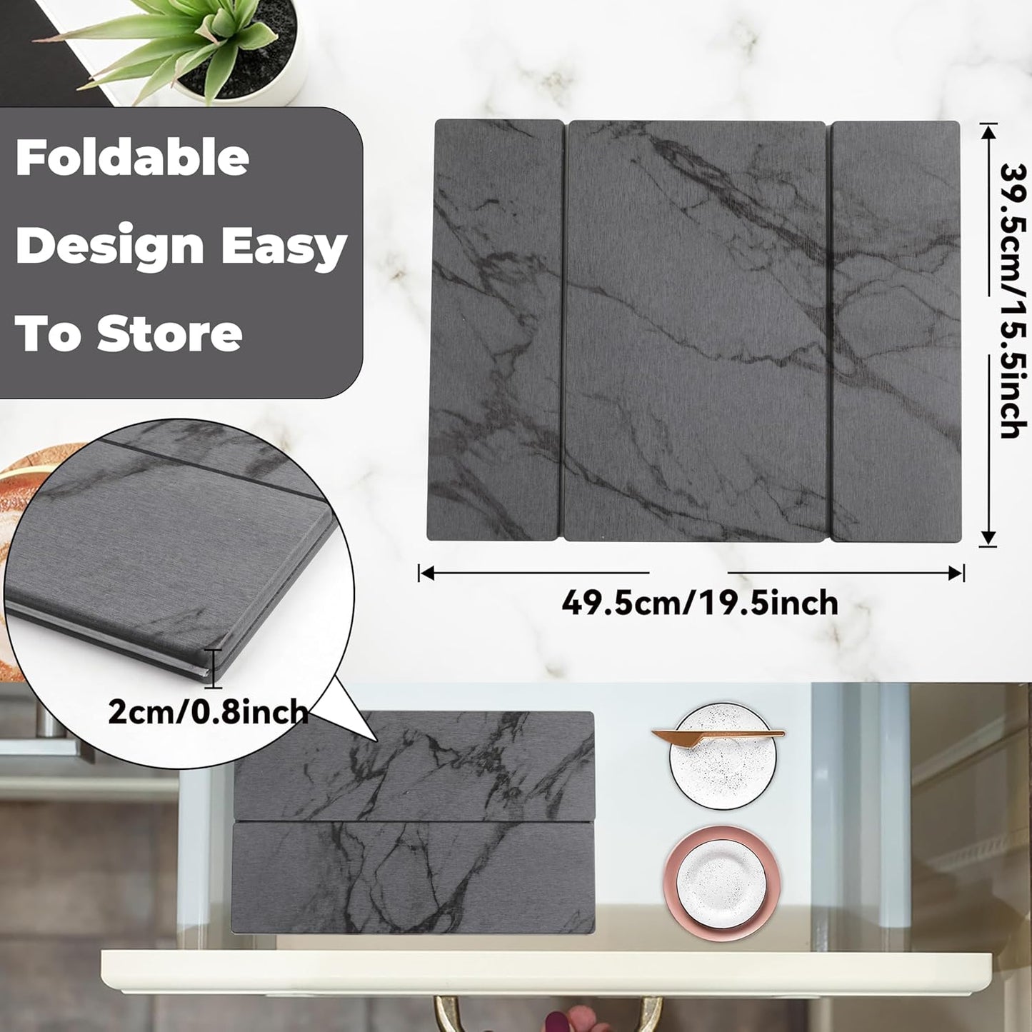 Quick Dry Collapsible Dish Drying Mat, Eco-Friendly Absorbent Diatomaceous Earth Mats for Dishes Bottles Cups 20"×16"Large Stone Dish Drying Mats for Kitchen Counter (Gray, 20"（L）×16"（W）)