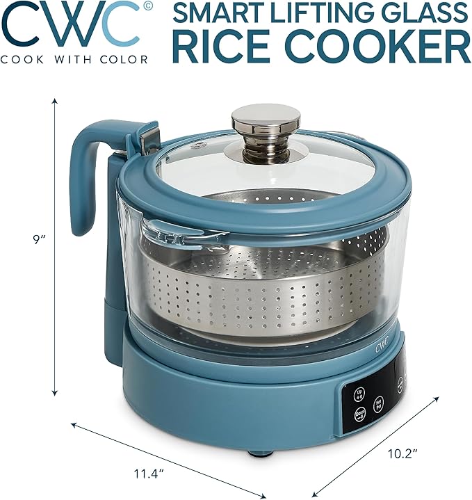 COOK WITH COLOR 3L Glass Low Carb Rice Cooker - Makes 6 Cups Low Sugar Rice with Auto Lift Filter Basket, Hotpot & Steamer for Rice, Grains and Oats, Digital Panel with Keep Warm Function, Slate Blue