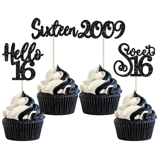 Gyufise 24Pcs Happy 16th Birthday Cupcake Toppers Glitter Hello 16 Sweet 16 Cupcake Picks 2009 Sixteen Old Birthday Cake Decorations for 16th Birthday Anniversary Party Supplies Black