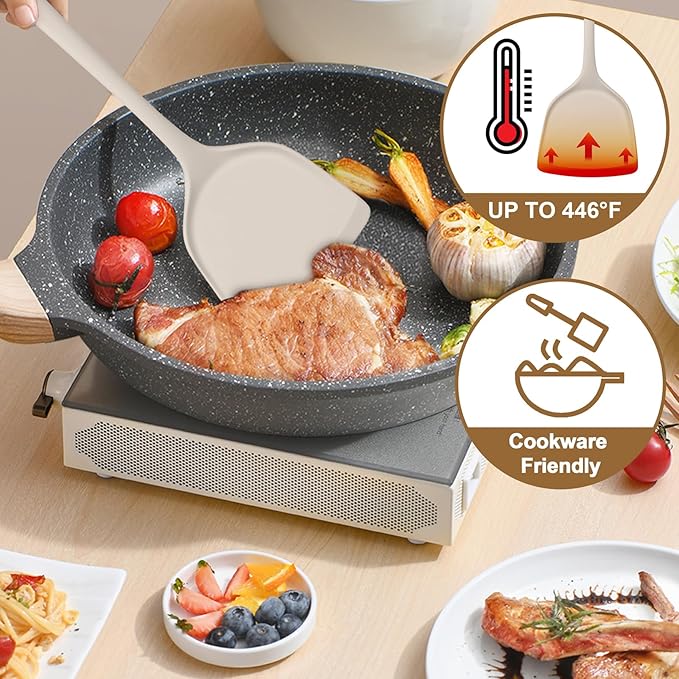 TeamFar Silicone Cooking Utensils, Kitchen Utensils Set of 5, Nonstick Cookware Tools Turners Spoons Pasta Server for Home, Healthy & Heat-Resistant, Seamless & Non-Scratch, Dishwasher Safe, Khaki