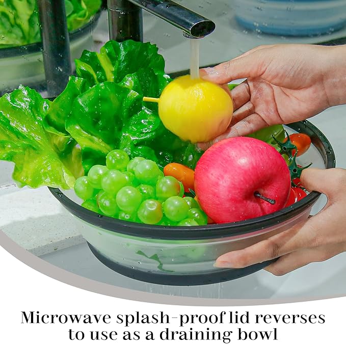 10.7 Inch Microwave Food Cover with Heat Insulation Mat, Anti-Scald Collapsible Microwave Splatter Cover, Multi-Functional as Colander & Fruit Plate, Dishwasher Safe, Ideal for Meal Prep (Transparent)