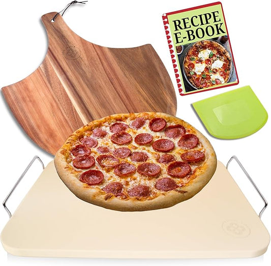 Pizza Stones for Oven - Pizza Stone for Grill with Handles, Wooden Peel and Dough Cutter - 15 inch x 12 inch Grilling Stones - Baking Stone for Bread - Pizza Making Set