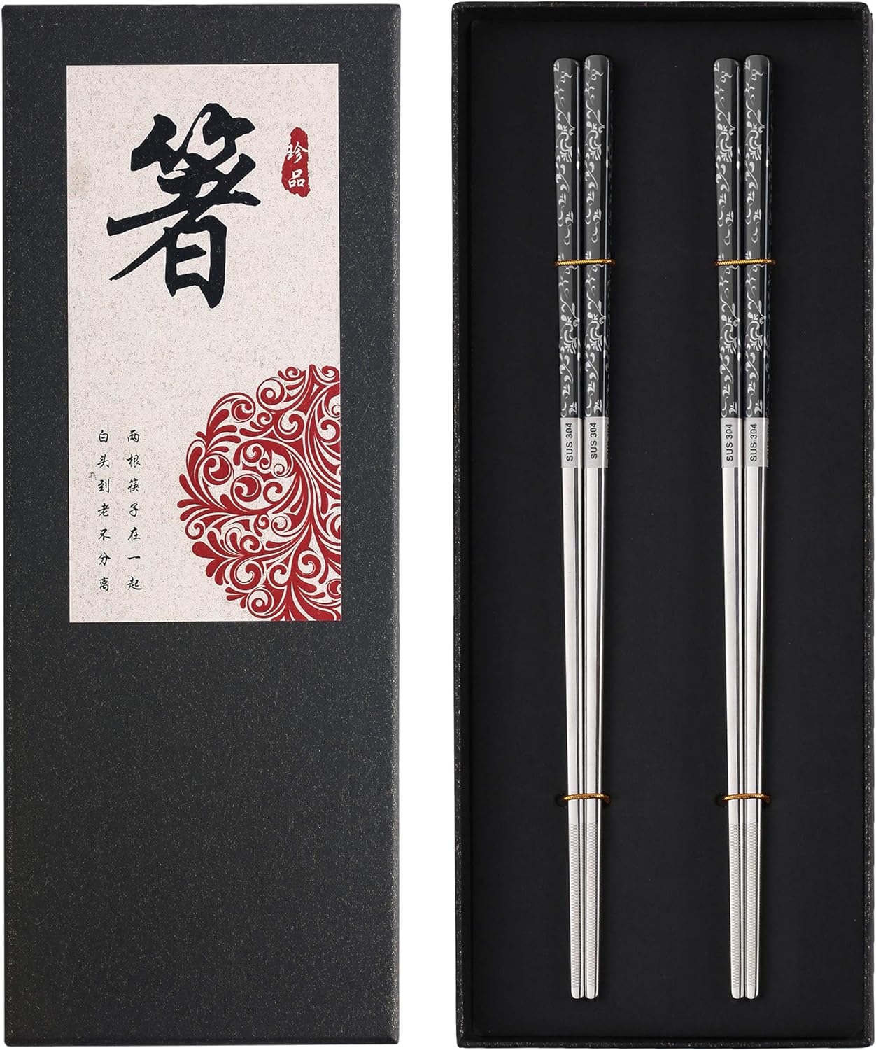 Stainless Steel Chopsticks Titanium Plated Metal Chopsticks Reusable Dishwasher safe Premium Japanese Korean Chopstick Laser Engraved Anti-slip Chop Sticks for Eating 2 Pairs Gift Set Black Silver