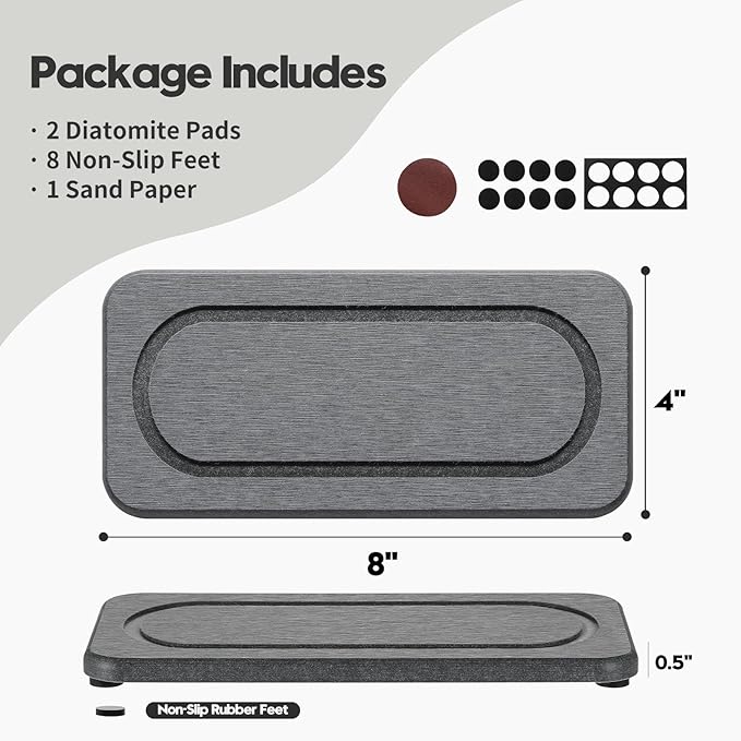 2Pack Diatomite Stone Coasters Water Absorbing Sink Tray for Kitchen & Bathroom Counter, Quick Dry Soap Dish Vanity Caddy, Dispenser Sponge Holder Space Organizer, Dark Gray - 8"x 3.8"