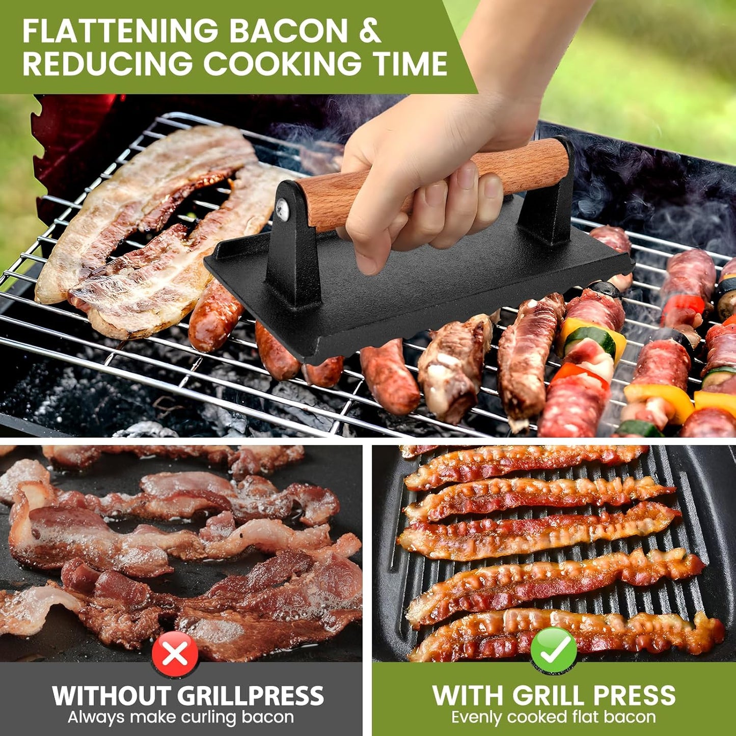 Burger Press, 8.3”X4.3” Rectangle Heavy-Duty Cast Iron Smash Burger Press Griddle Accessories with Heat Resistant Wood Handle for Blackstone Griddle, Ideal for Panini, Steak & Sandwiches