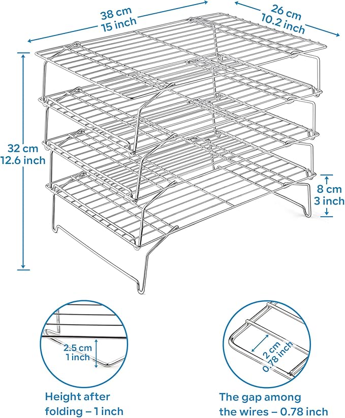15IN x 10IN Cooling Baking Rack Set of 4, Leonyo 4-Tier Stackable Stainless Steel Wire Baking Cooking Racks Set for Cookie, Pizza, Cup Cake, Raised & Folding Feet