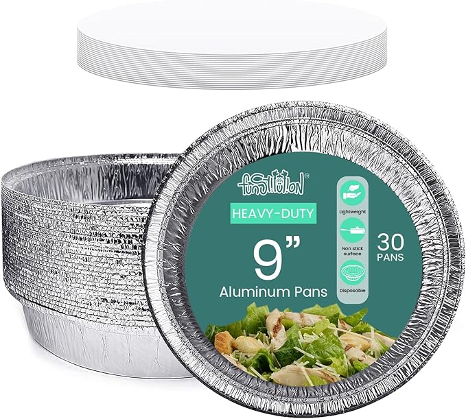 FUNSTITUTION Round Aluminum Pans with Lids (30 Pack) - 9 Inch Disposable Pie Pans - Round Aluminum Foil Pans For Baking, Grilling, Cooking, Storing, Prepping - Pie Tins with Lids