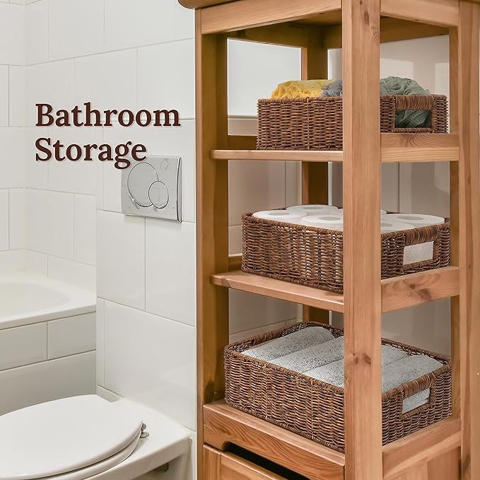 Baskets for Organizing, Undershelf Wicker Storage, Hand Woven Organizer for Closet Organization, Rectangular, Set of 3, Toffee