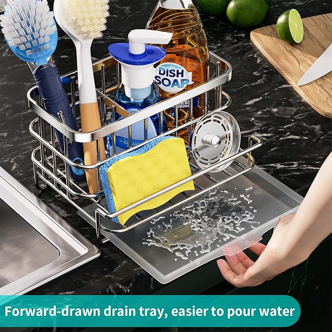 HapiRm Kitchen Sink Organizer, SUS304 Stainless Steel Rustproof Multifunctional Large Sink Caddy with Sponge Holder and Drain Tray for Kitchen Countertop (Silver)