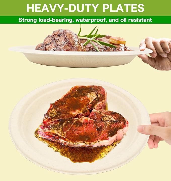 BLUE TOP Compostable Disposable Paper Plates, Heavy Duty Waterproof - 50 Pack 10 inch Eco-Friendly Biodegradable Sugarcane Bagasse Dinner Plates