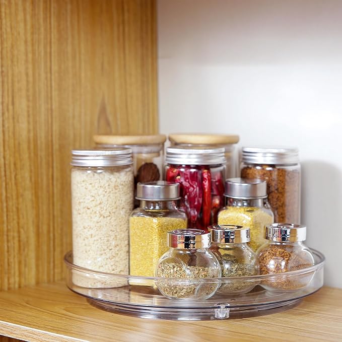 2 Pack Lazy Susan 9.25" Inch Turntable Organizer Pantry Organization and Storage Container Bins Spice Rack Cabinet Rotating Condiment for Pantry Kitchen Vanity Bathroom Jewelry Holder Clear