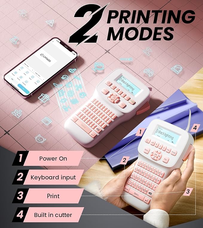 Pink Label Maker, Rechargeable Label Makers with Keyboard, Handheld Label Maker Machine with Bluetooth Backlit Large Display LM1600, Portable Labeler for Home & Office Organization School Kids