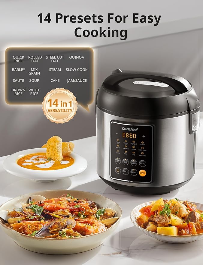 COMFEE' Rice Cooker, 14-in-1 Stainless Steel Multi Cooker, Slow Cooker, Steamer, Sauté, and Warmer, 5.3 QT, 20 Cups Cooked (10 Cups Uncooked), Brown Rice, Quinoa and Oatmeal