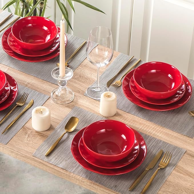 Vicrays Ceramic Pasta & Soup Bowls, Large Salad Bowls - Set of 6 Red, Fluted Stoneware, Dishwasher & Microwave Safe