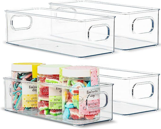 Plastic Food Storage 4 Pack Clear Container Bin with Handles for Organizing Kitchen, Pantry, Fridge, Freezer, Pantry,Bathroom. 10"x4"3"