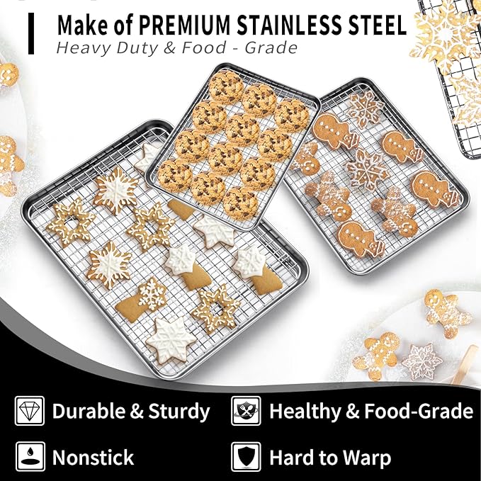 CEKEE Baking Sheet with Wire Rack Set of 6 (3 Cookie Sheets for baking + 3 Cooking Racks), Stainless Steel Stainless Steel Baking Pans Set with Cooling Rack - Heavy Duty & Dishwasher Safe