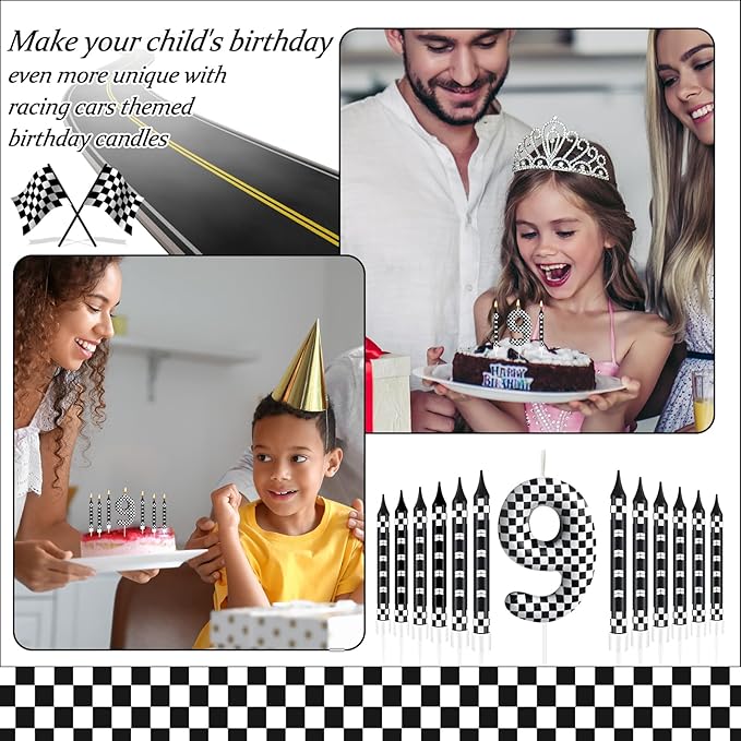 13 Pcs Racing Cars Themed Birthday Candles Black and White Race Number 9 Checkered Candle Cake Topper for Racing Car Party Decoration Supplies (Number 9)
