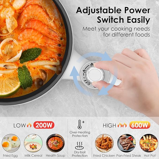 Audecook Hot Pot Electric, 1.7L Mini Electric Skillet Portable Nonstick Sauté Pan with Power Adjustment, Rapid Noodles Cooker Travel Multicooker for Steak/Soup/Egg/Oatmeal/Noodles