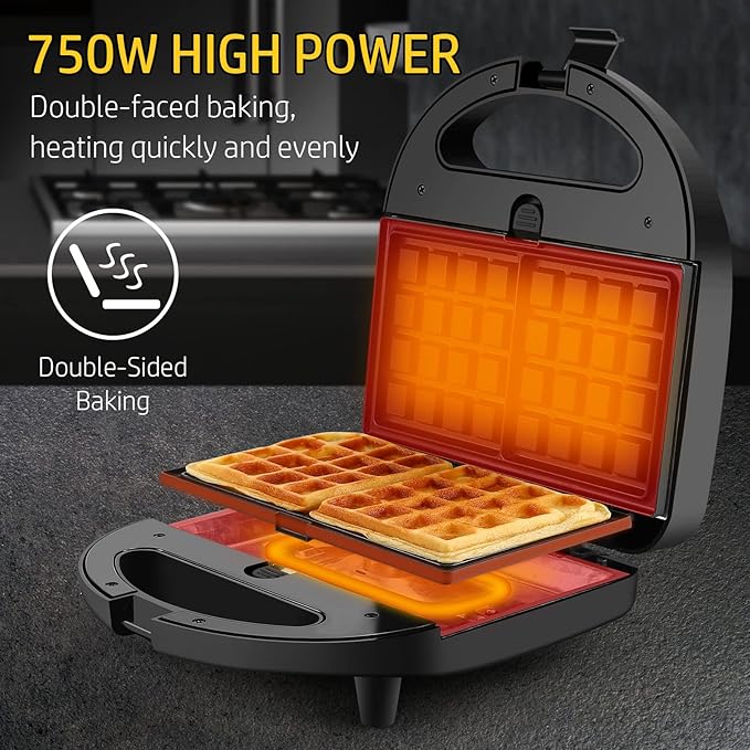 OSTBA 3-in-1 Sandwich Maker with Removable Plates, Panini Press, Waffle Maker, Toaster, Non-Stick, 750W Compact Breakfast Grill for Sandwiches, Waffles, Steak, Black