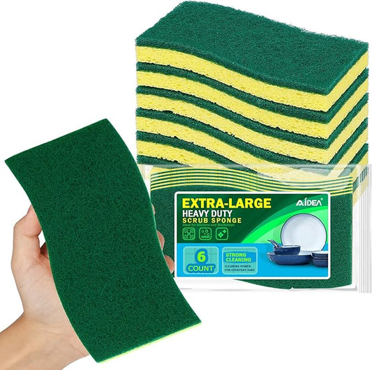 AIDEA XL Scrub Sponges 6Count, Heavy Duty Sponges for Dishes, Extra Large Sponge for Cleaning Kitchen and Household, Heavy Duty Sponge Safe for Non-Coated Cookware, Cleaning Power for Bathroom, House