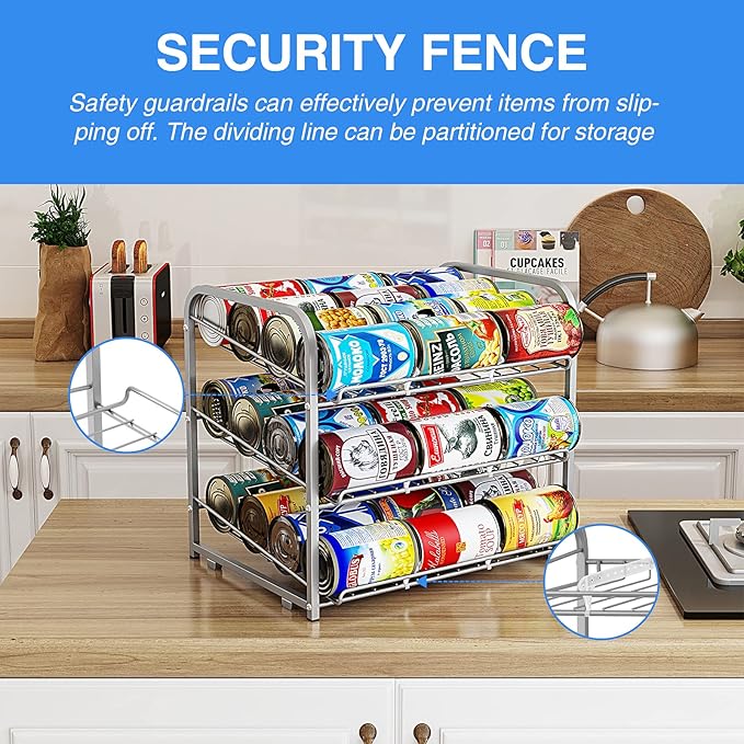 AIYAKA Can Rack Organizer, 3 Tier Stackable Can Storage Dispenser, for Food Storage, Kitchen Cabinets or Pantry, Storage for 36 Cans, Silver