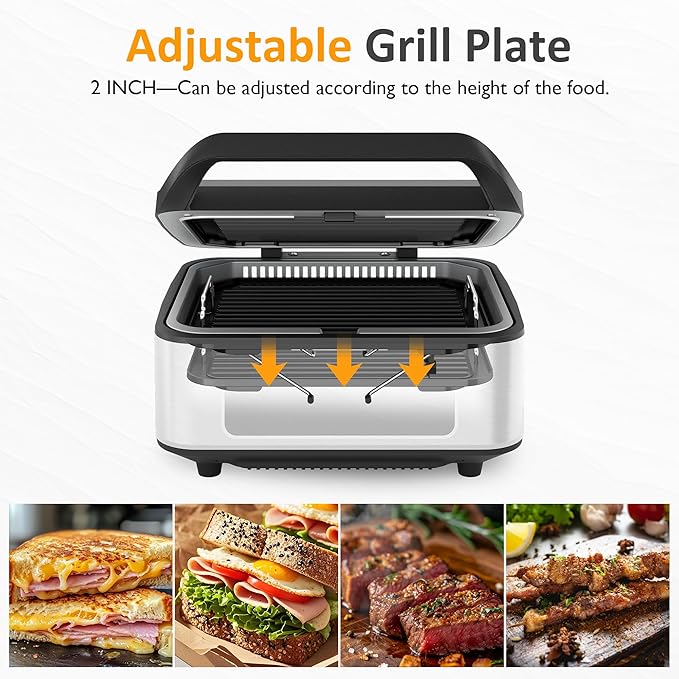 Sunvivi 1300W Smokeless Indoor Grill, Electric Panini Press Sandwich Maker with Auto-Lift, Fan, Independent Upper Heating, Smart Time & Temperature Control, Removable Non-Stick Plates