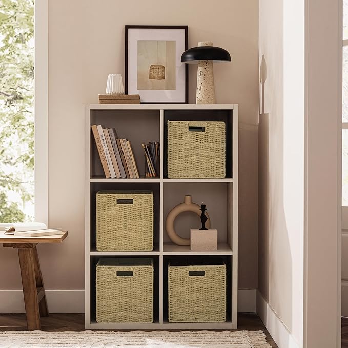 UBBCARE 3 Pack Wicker Basket, 11L×11H×10.5W inch Woven Paper Rope Storage Baskets for shelves, Foldable Cube Storage bin with Handle, Storage Basket for Organizing & Decor, Natural