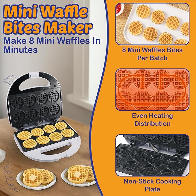 StarBlue Mini Waffle Bites Maker with FREE Waffle Tongs - 8 x 2” Tiny Waffle Bites, Non-Stick, Fast Heating, Perfect for Kids’ Breakfast, Snacks, Compact & Easy to Clean, White, 120V 60Hz 750W