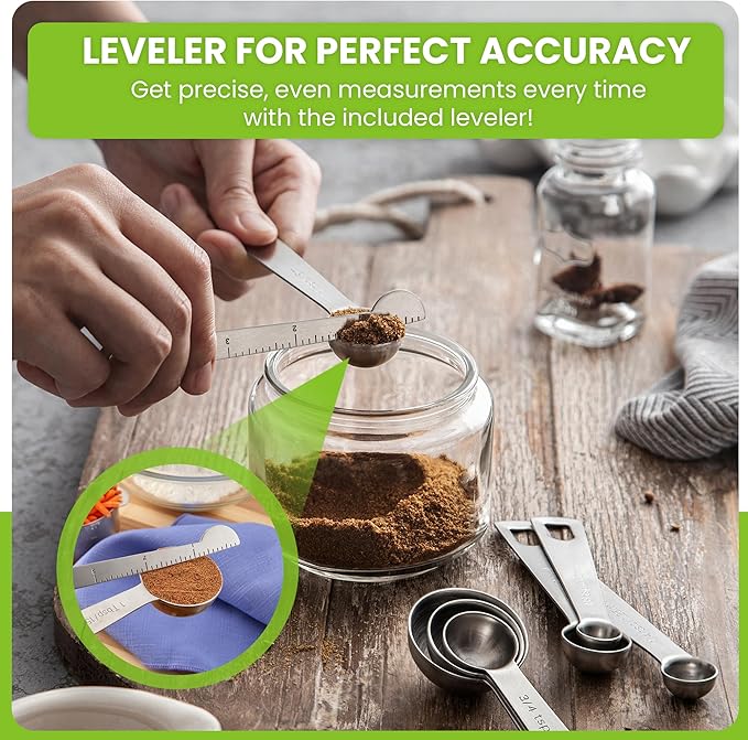 Spring Chef Stainless Steel Measuring Spoons Set of 8 with Leveler, Round Metal Teaspoon & Tablespoon Measuring Spoons - Nesting Kitchen Gadgets For Baking & Cooking, Dry & Liquid Ingredients