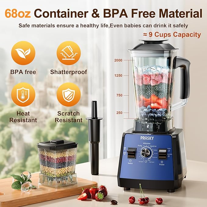 Blenders for Kitchen, Blenders for Smoothies, Blender and Grinder Combo1000W Powerful 25000RPM Professional Blender BPA Free 68oz Countertop Blenders for Baby Food,Ice, Juice, Shakes-Blue