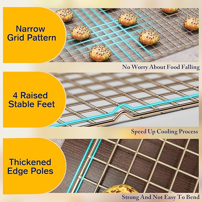 2-Pack Cooling Racks for Cooking and Baking - 10" x 15"Heavy Duty Stainless Steel Wire Rack for Baking, Grilling, Roasting - Oven & Dishwasher Safe - Fits Jelly Roll Sheet Pan（Gold）